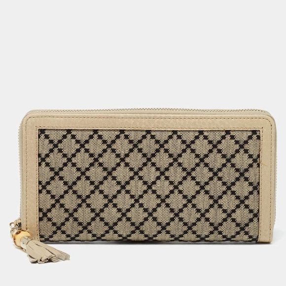 GUCCI Diamante Zip Wallet Leather Canvas Bamboo Tassel Beige & Black w/ Dust Bag - Picture 2 of 15